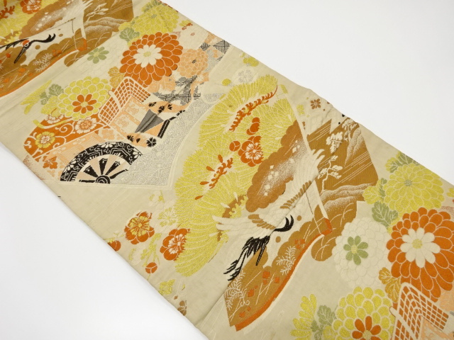 アンティーク　読み本に御所車・鶴・菊模様織り出し丸帯（材料）